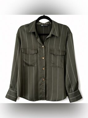 Zara Satin Utility Blouse XS Olive Green Gold Button Pinstripe Shirt